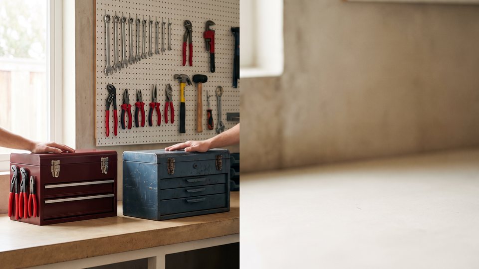 Two hands rest on two toolboxes, one red and one worn blue, on a workshop bench in front of a pegboard of tools