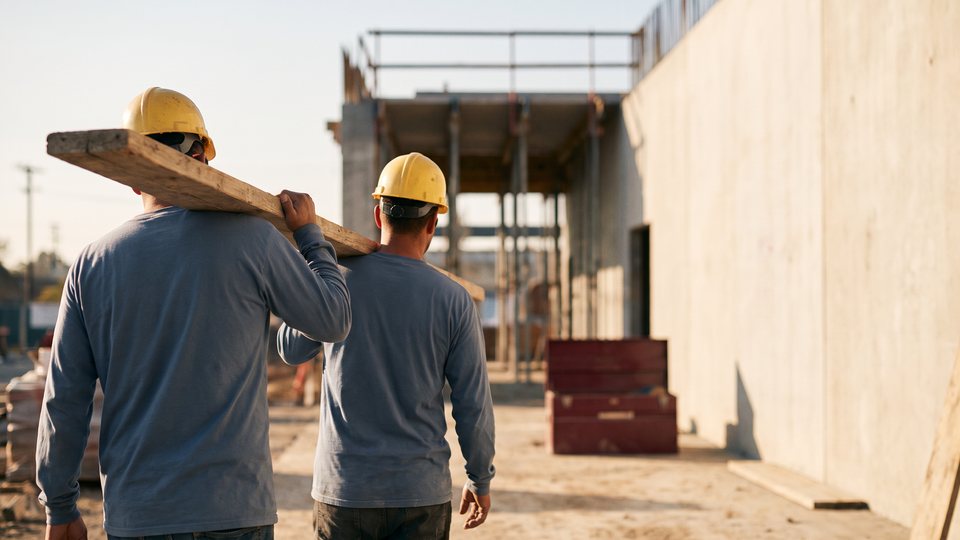 Two workers in hard hats, seen from behind, carry a long board across a jobsite in afternoon light