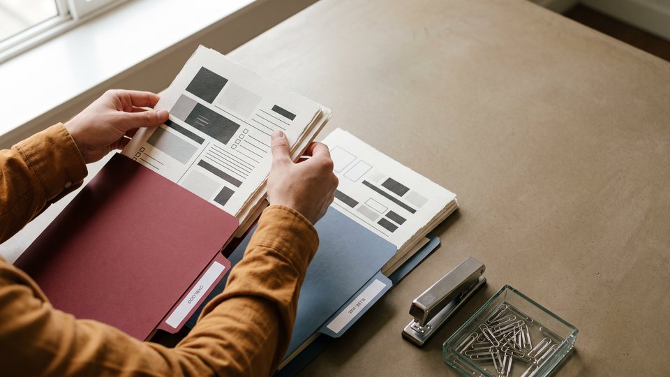 Hands sort blank permit-style paperwork into red and blue folders on a desk