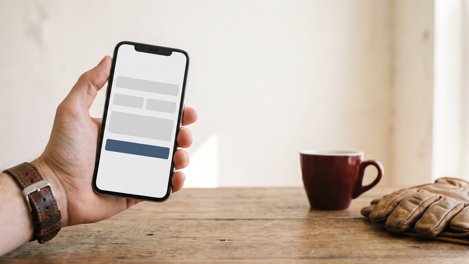 A hand holds a phone showing a simple blank online form above a desk with a red coffee cup and work gloves