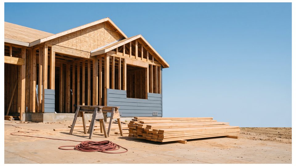 A wood-framed house under construction with sawhorses, stacked lumber and a red extension cord under a clear blue sky
