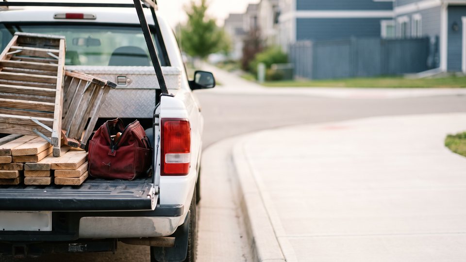 The bed of a white work truck loaded with ladders, lumber and a red tool bag on a quiet street at dawn