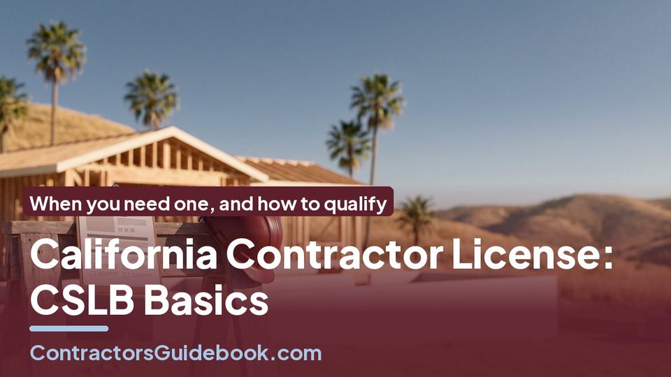 Video thumbnail: "California Contractor License: CSLB Basics" in white letters on an oxblood band over an illustrative jobsite photo, with ContractorsGuidebook.com